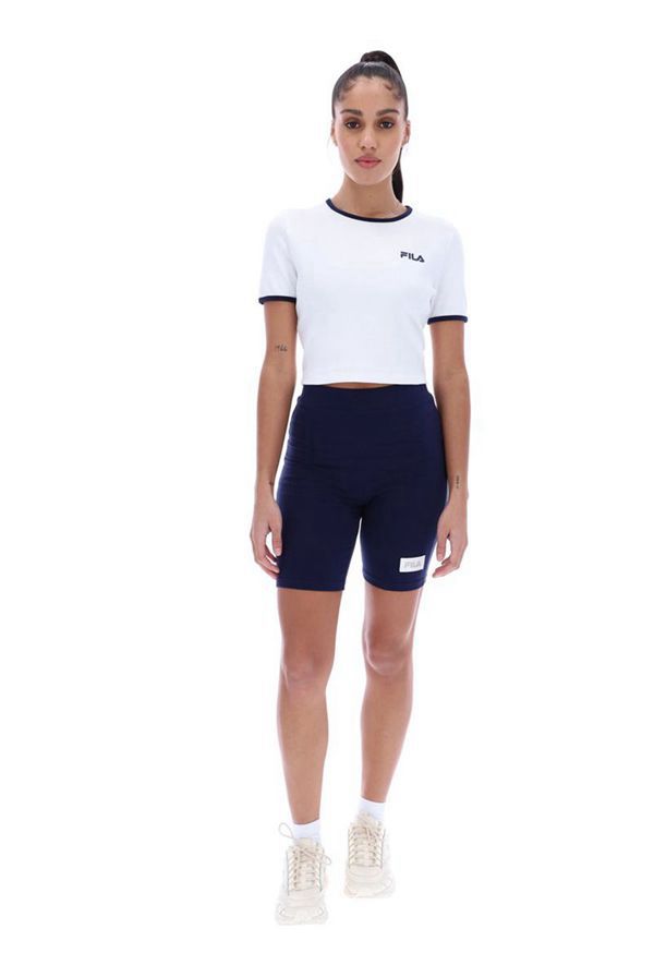 Fila Perla Ribbed Crop Women's T-Shirts - White/Navy,NZ 731-50234